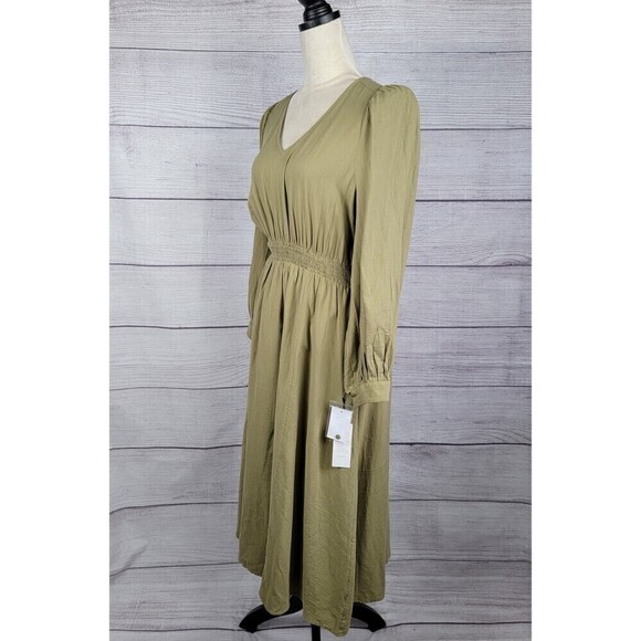 Treasure & Bond V-Neck Long Sleeve Smocked Midi Dress Olive Green Size X-Small - Picture 8 of 11